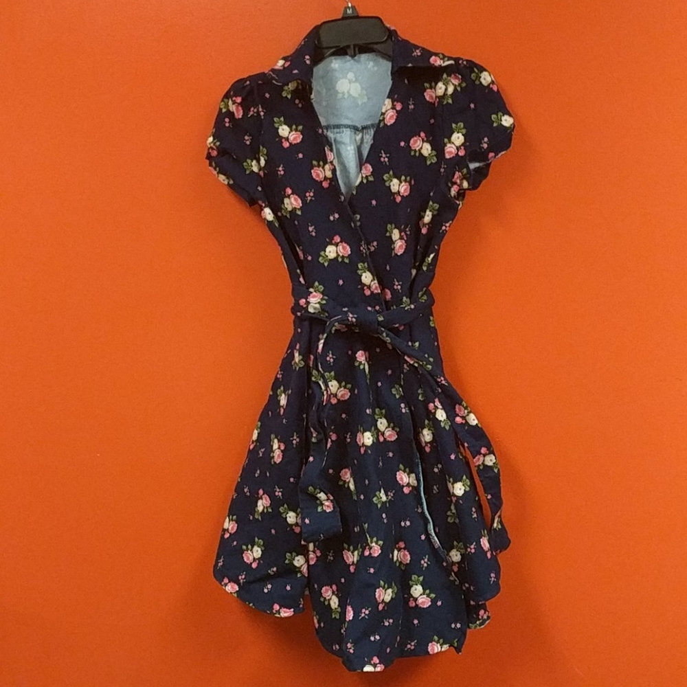 Navy blue floral wrap swing dress